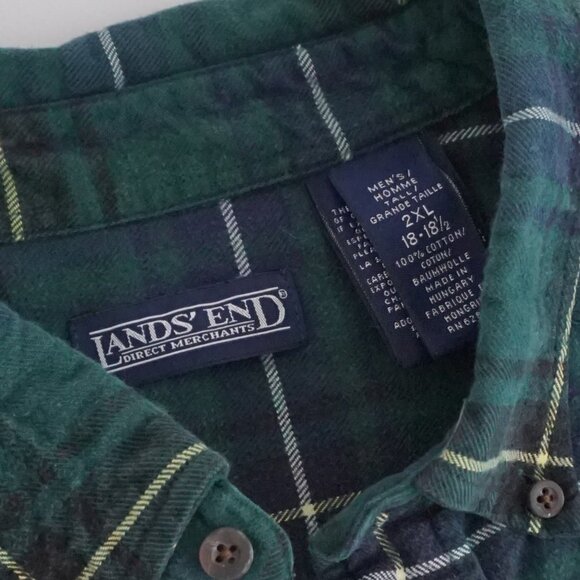 Vintage Lands' End Green Navy Plaid 100% Cotton Button Down Dress Shirt 2XL Tall - Picture 9 of 9